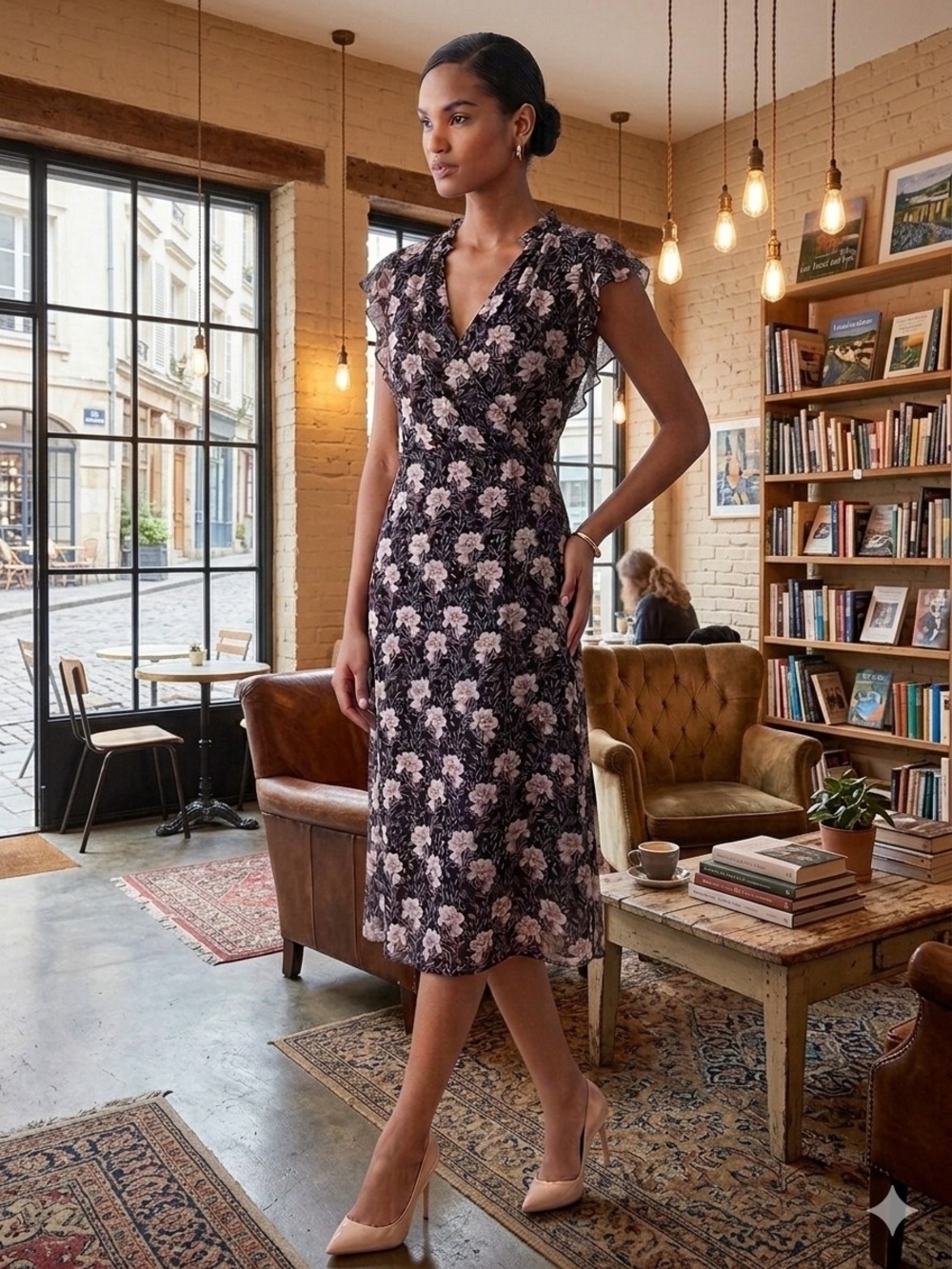 1. State Black Floral Wrap Midi Dress with Pink Blooms
